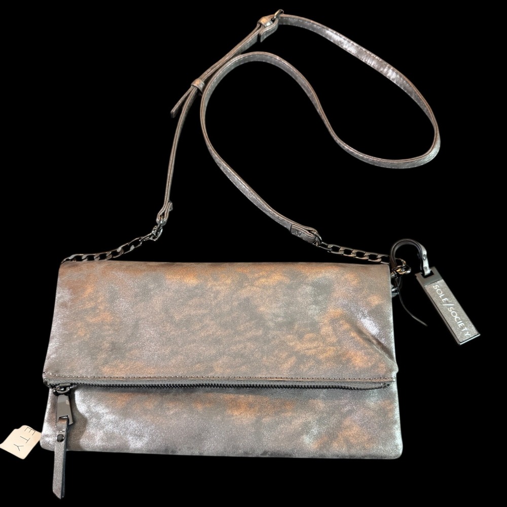 Sole Society Vegan Crossbody Bag OS Pewter Metallic Foldover Clutch Edgy Chic